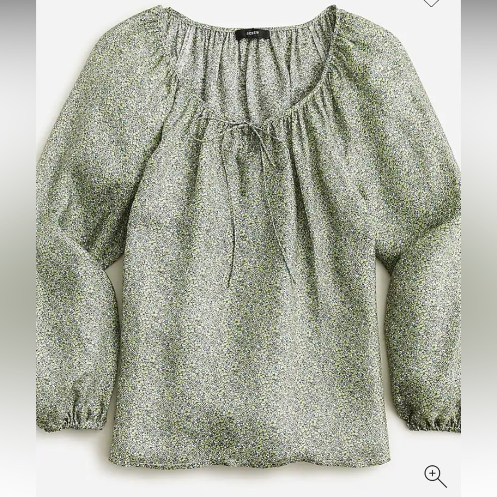 J.Crew Re-Imagined Green Floral Cupro Viscose Peasant Blouse Top Tie Neck‎ M NEW